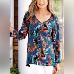 Soft Surroundings Nova Teal Floral Button-Up Blouse Stretch Rayon XL